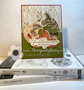 The image shows a fall card created with Stampin Up Pretty Pumpkins fall card featuring Rich Razzleberry, Old Olive, Cinnamon.  The sentiment reads
If Friendship were pumpkins I'd pick you.