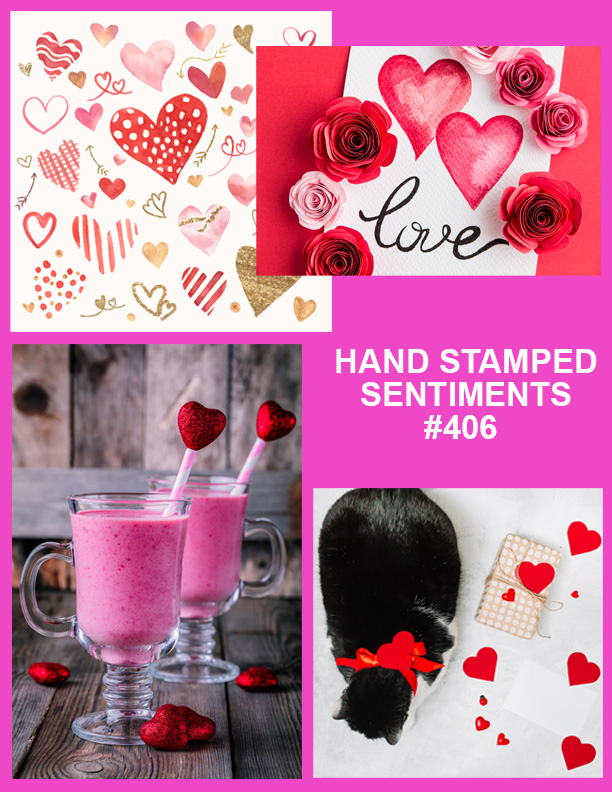 Hearts on red and pink background with roses, strawberry drinks and black cat with valentine hearts