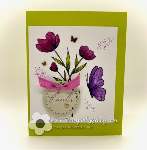 Stampin' Up Spotlight on Nature thank you card created with the colors of Petunia Pop, Highland Heather and Lemon Lime Twist