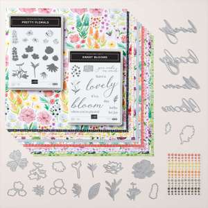 Florals in Bloom suite showing floral paper, floral stamps and floral and foliage dies.